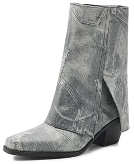 Botas De Media Caña Retro para Mujer Punta Cuadrada con Abertura Lateral Parte Superior De Denim Tacón Medio Ancho Slip on Zapatos Casual Fiesta,Gris,40 EU