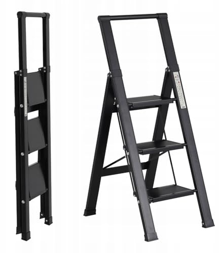 Brigros - Scala Piatta per uso domestico, Scalita la rivoluzione delle scale, in alluminio, Super Leggera, Ultra piatta, Facile da conservare e traportare, non occupa spazio (Nero - 3 Gradini)