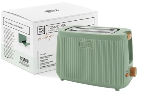 EMMA, Tostadora, 750W, 28x17 cm, Verde, Ranuras Anchas, Múltiples Niveles de Tostado, Bandeja Recogemigas, Ideal para Desayuno, Disfruta de desayunos con estilo gracias a este tostador vintage verde