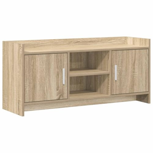 Boltkex TV-Lowboard 102 x 33 x 47 cm Sonoma-ek trämaterial, 2 dörrar 2 hyllor, mediemöbler för hemvägg hemmabio, med kabelgenomföring och metallhandtag för ordning