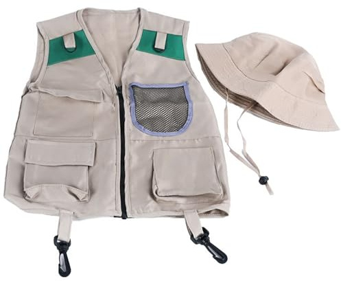 Otbushit Costume de Gardien de Zoo pour Enfants, Gilet pêche, Ensemble Costumes, Gilet Multi-Poches et Chapeau pêcheur pour Jeux rôle en Plein air et Spectacles sur scène