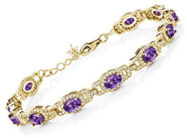 Gem Stone King 18K Yellow Gold Plated Silver Oval Gemstone Birthstone Tennis Bracelet For Women | Oval 6X4MM | 7 Inch With 1 Inch Extender | Fine Jewelry Gifts for Her Mom Women Wife