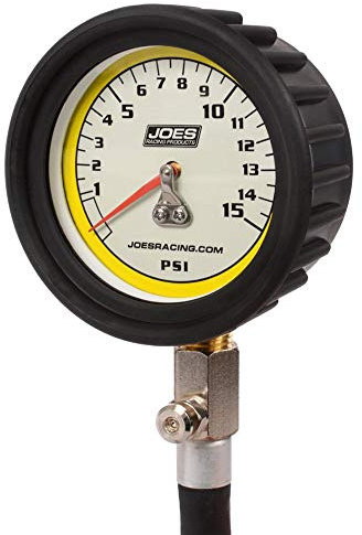 Joes Racing Products Reifendruckmessgerät, Pro Reifen, leuchtet im Dunkeln, 0-15 psi, analog, 6,4 cm Durchmesser, weißes Zifferblatt, 0,9 kg Abstufungen, Druckhalteventil, jeweils schwarz (32325)
