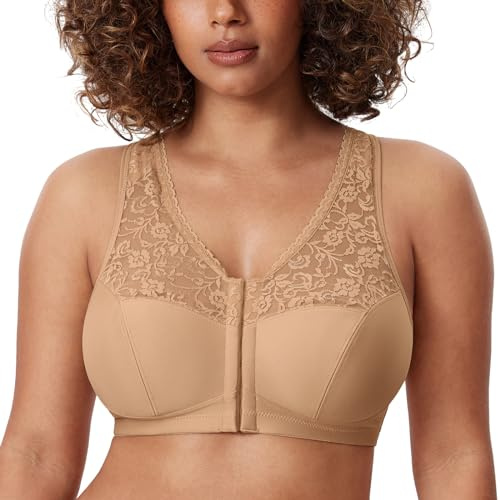 DELIMIRA Donna Reggiseno Senza Ferretto Aperto Davanti Racerback in Pizzo Taglie Forti Naturale 7E