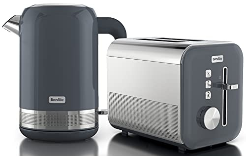 Breville Grey Kettle & Toaster Set | High Gloss Collection | with 1.7L Fast-Boil 3KW Kettle and 2-Slice Toaster featuring High Lift | Grey & Stainless Steel [VKT154 + VTT968]