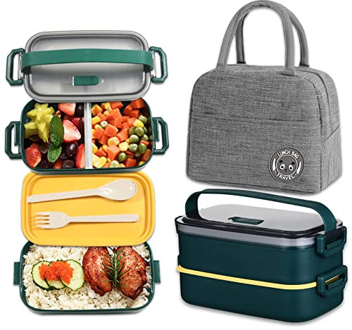 Haoh Bento Lunch Box Kit, 1600ml Boite Repas avec Couverts e Sac Isotherme Repas, Hermétique Boîtes Bento pour Pique-Nique, Travail, Goûter, Boîte à Lunch Micro Ondes(Vert foncé)