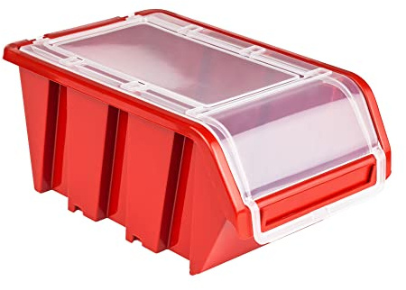 Lot de 10 boîtes empilables avec couvercle - 160 x 230 x 12 cm - Rouges empilables en plastique, bacs a bec, boites de rangement, boites au garage, containers de stockage
