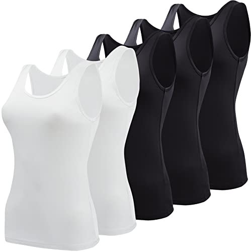 BQTQ 5 Stück Elastische Tank Tops Damen Unterhemden Stretch Crop Top Basic Cami Tank Top für Frauen und Mädchen, Schwarz, Weiß, S