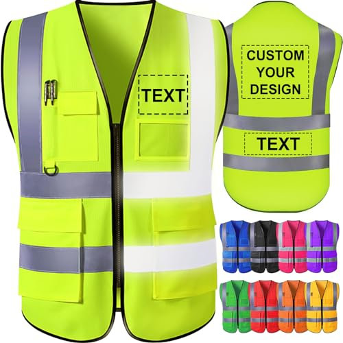 GBVllexuii Gilet de sécurité personnalisé pour hommes avec poches logo jaune gilets réfléchissants haute visibilité vêtements de travail de sécurité de construction protection extérieure L