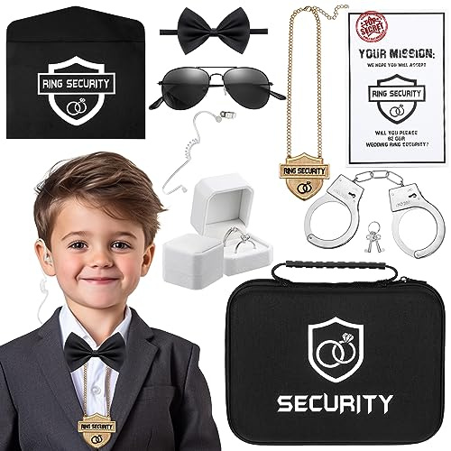 Mepase 9 piezas de regalo de portador de anillos de boda incluyen caja portadora de anillos, caja de anillo para ceremonia de boda, auricular de seguridad, maletín de juguete, portador de anillos,