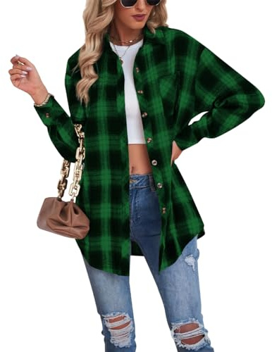 Buliezy Camiseta de Franela Cuadros Camisa Leñador Blusas Manga Larga Mujer Cuello V Botón Blusa,Verde,L