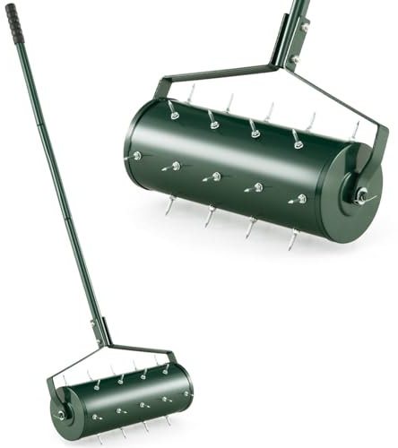 COSTWAY Garden Rolling Lawn Aerator, 45cm/53cm Manual Grass Spikes Roller with 130cm Detachable Handle, Heavy Duty Steel Rotary Push Pull Tine Garden Lawn Tool (45cm x 130cm(L x H))