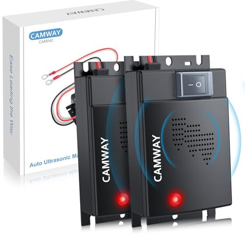 CAMWAY 2PCS Marderschreck Auto, Marderabwehr Ultraschall mit Arbeitsanzeigelichte und Verlängerungslinie 50cm, Effektive Marderabwehr Anschluss an 12V Autobatterie für PKW, Motorraum, Haus, Garten
