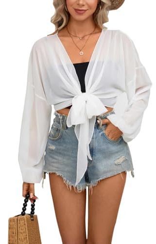olrain Women Tie Front Beach Cove Up Chiffon Kimono Crop Top Swimming Bikini Bathing Long Sleeve Beach Shirt (X-Large, White)