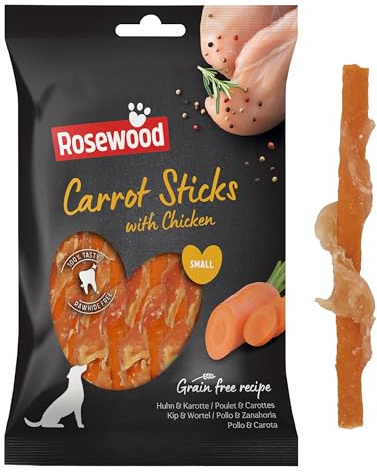 Rosewood Small Chicken and Carrot Sticks for Dogs – Real Meat Treats, Grain-Free, High Protein, Supports Dental Hygiene, No Added Sugar, No Artificial Colours or Flavours (80g)