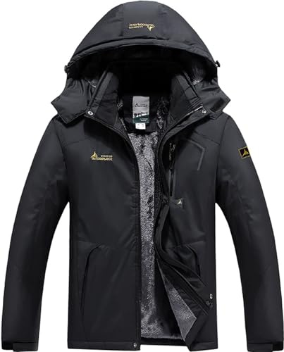 DAFENP Chaqueta de Esquí Impermeable Hombre Lana Cazadora Montaña Snowboard Invierno Cálida Antiviento Abrigos con Capucha Desmontable Exterior CFY815M-Black1-2XL