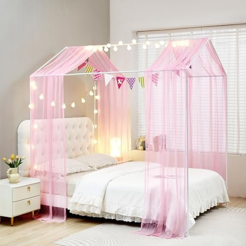 ZIQINPSQ House Bed Canopy Bed Curtains,2pcs Montessori Floor Bed Canopy for Girls Boys,Mosquito Net For Kids Wood Bed Frame,Bedroom Decorations (Pink)