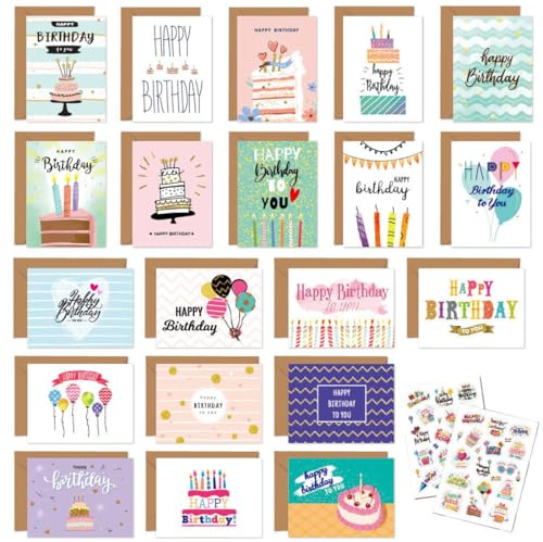 KEWUF 20 Pcs carte anniversaire, Cartes de joyeux anniversaire, Cartes d'Anniversaire avec 20 enveloppes et 2 Autocollants, Carte de Voeux Anniversaire, Carte Happy Birthday pour Homme Fille(B)