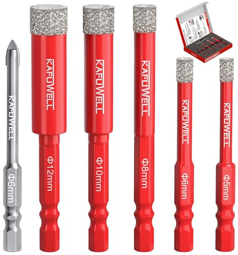 KAFUWELL 6PCS Foret Diamant Carrelage, Hexagonale de 1/4, Ø5/6/8/10/12 mm | Foret Diamant Cerame 5-12 mm & Foret en Carbure 6 mm, pour Carrelage Céramique Quartz Verre Granit Brique Marbre Porcelaine