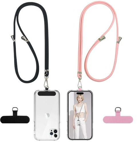 MLPKOI 2 Pezzi Cordino per Cellulare Universale, Regolabile Collana Collo Catena Collana Tracolla con 4 Cuscinetti Universali Adatto a Tutti Gli Smartphone Nero e Rosa