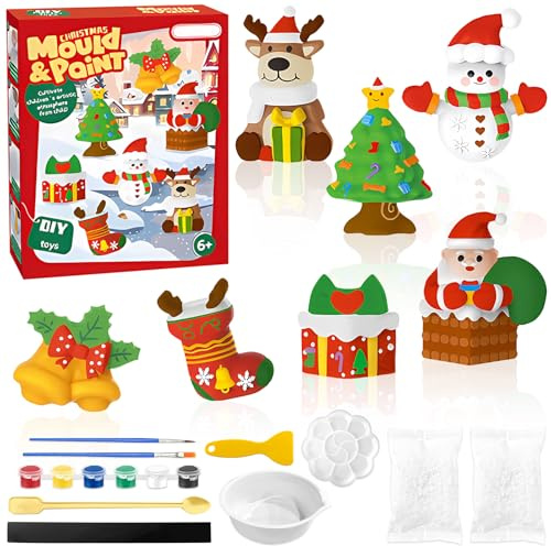 TOPJOWGA Kit de Noël à Colorier pour Enfants avec Moule, Kit de Moulage en Plâtre, DIY Peinture Noël, Ensembles d'artisanat de Peinture Jouet, Créatifs Cadeaux