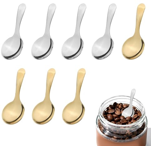8pz Cucchiaio con Manico Corto, Cucchiaini per Condimenti in Acciaio Inox con Manico Corto Pratici Utensili Cucina per Spezie Zucchero Caffè Tè (Argento, Oro)