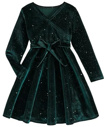 Robe en velours scintillant avec ceinture à noeud pour filles, robe de fête à manches longues pour filles de 5 à 14 ans, robe élégante et scintillante pour Noël, anniversaire et occasions spéciales