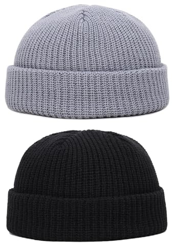 AMBEERT 2 PCS Fisherman Beanie, Knitted Winter Hats for Men, Warm Stretchable Cuffed Beanies, Black and Grey Unisex Skull Caps for Outdoor Activities and Daily Wear