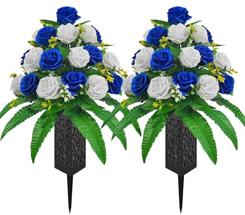 2 Pack Cemetery Flowers for Grave with Spiked Vases, 18-Stem Royal Blue & White Artificial Rose Bouquets, Wind-Resistant and Fade-Resistant All-Weather Memorial Decorations for Headstones