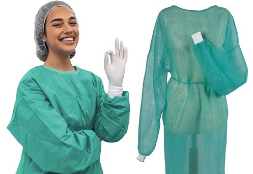 TIGA-MED Einwegkittel 100er Pack – Vlies Schutzkittel mit Trikotbündchen, 130 × 155 cm, grün – MRSA geeignet – Besucherkittel für Klinik, Praxis, Pflege & Labor