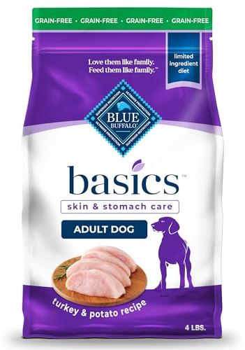 Blue Buffalo Basics Grain-Free Adult Dry Dog Food, Skin & Stomach Care, Limited Ingredient Diet for Dogs, Turkey Recipe, 4-lb. Bag
