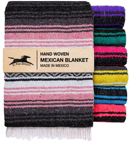 El Paso Designs Mexikanische Yoga-Decke, buntes Falsa-Serape, Park, Yoga-Handtuch, Picknick, Strand, Terrasse, weich gewebte Satteldecke, Boho-Heimdekoration (Rosa und Grau)