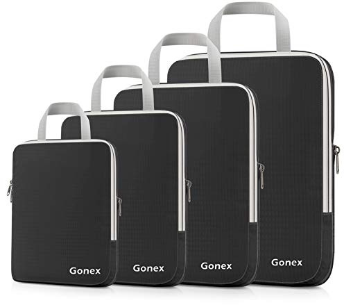 Gonex Compression Packing Cubes, 4pcs Expandable Storage Travel Luggage Bags Organizers(Black)