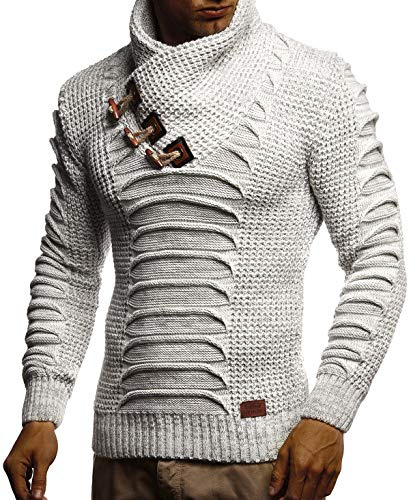 Leif Nelson, herrtröja, stickad tröja, halsduk krage, slim fit män, svart tröja för vinter, långärmad huvtröja, ulltröja, LN5575, Ecru grå, XXL