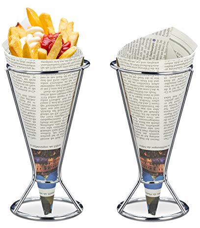 Relaxdays 20x Porta Patatine Fritte, Acciaio Inox, per Coni di Carta con Fritti e Verdure, HD 16 x 9,5 cm, Argento