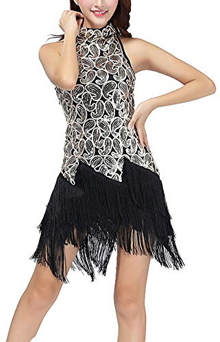 Mujeres de Cuello Alto Ropa de Baile Cóctel De Noche Vestido Latino Salsa Tango con Lentejuelas y Flecos Oro Negro Un tamaño