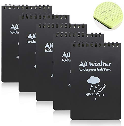 5 Pack wasserdichtes Notizbuch, 15 x 10 cm Notizblock, Allwetter-Memoblöcke mit Top-Spirale, taktische Stenoblöcke mit Raster für die Aufzeichnung von Aktivitäten im Freien (schwarz)