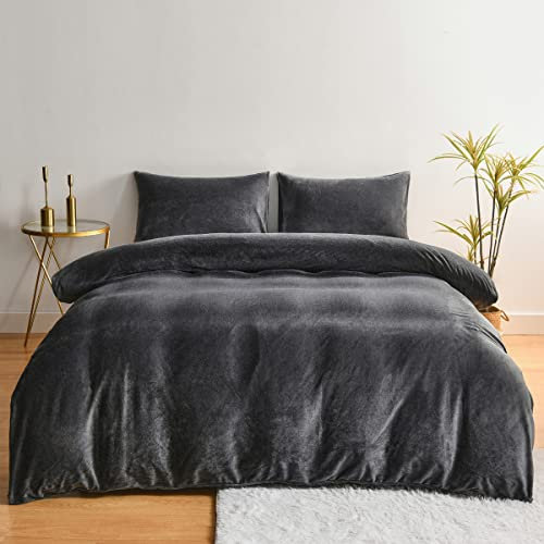 Chanyuan Winter Bed Linen 135 x 200 cm Cashmere Touch Grey Dark Grey Fluffy Duvet Cover 2-Piece Cuddly Warm Plush Flannel Bed Linen Set with Pillowcase 80 x 80 cm