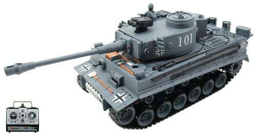 efaso Ferngesteuerter Panzer German Tiger I grau Maßstab 1:18, RC Panzer mit Schussfunktion Rauch und Sound RTR mit LED Lichtern