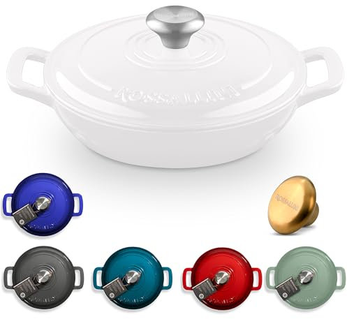 ROSSALLINI Signature Enameled Cast Iron Braiser, Non-Stick Serving Pot with Tight Fitting Lid for Perfect Roasting, Baking, Sauteing, Searing, and Pan Frying | 3.5Q (3.3L) - White