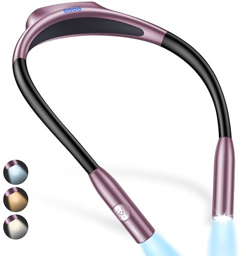 Gritin Luz de Lectura Cuello, Lampara Lector de Libro Recargable, 3 Colores Modos con Función de Memoria & Atenuación Continua, Duración de La Batería, Brazos Flexibles Ideal para Leer/Reparar