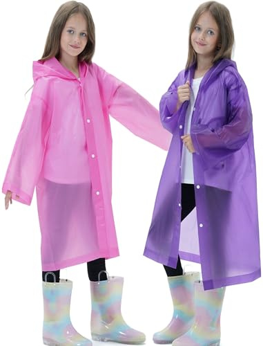 Borogo 2 Pack Raincoats for Kids, Reusable Rain Ponchos with Hood and Sleeves Rain Coats for Boys and Girls Pink&Purple