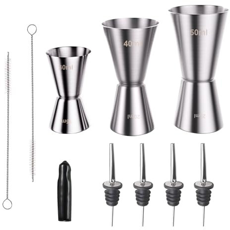 AIVORO 3 Stück Barmaß, 3cl/4cl/5cl Bar Messbecher Cocktail, Edelstahl Messbecher für Cocktails, Jigger mit Innenskalierung (30/15ml, 40/20ml, 50/25ml), 4 Stück Ausgiesser für Spirituosen, 2 Bürste