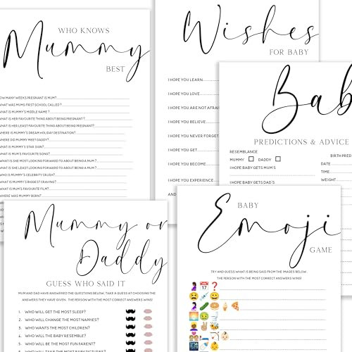 The Little Party Company Baby Shower Games Neutral Unisex - Bundle Pack of 5 Games- 10 Player Baby Shower Games- White Minimal Elegant Design-Unisex-A5 Size (BSOB5)