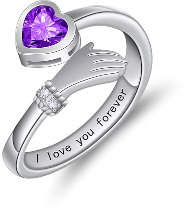 HMOOY Love Heart Hug Ring for Women, Open Adjustable Hug Thumb Ring Engraved I Love You Forever Cubic Zirconia Ring Friendship Gifts Engraved Words Stacking Finger Rings Jewellery (Purple)