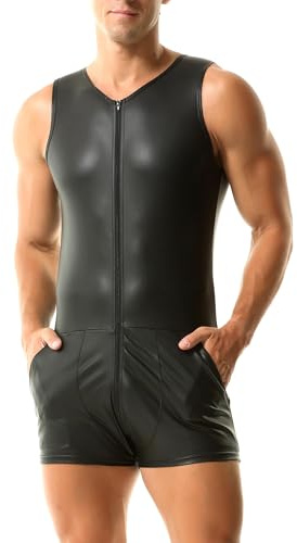 QiaTi Pantalones cortos sin mangas para hombre con cremallera Leotard Medias de cuero sintético con 2 bolsillos para hombres, 1#negro, XXL