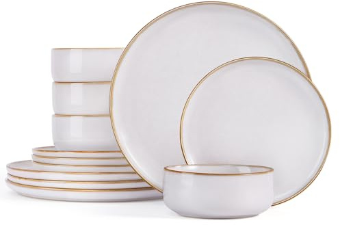 Homikit 12 Piece Dinner Set, Reactive Glaze Kitchen Dinnerware Sets for 4, Elegant Stoneware Included Plates and Bowls, Non-Scratch & Sturdy, Dishwasher & Microwave Safe, Cappuccino Beige
