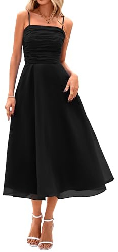 PRETTYGARDEN Womens Summer Dresses 2025 Spaghetti Strap Sleeveless Smocked Flowy Midi Wedding Guest Dress with Pockets(Black,Medium)