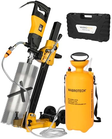 WABROTECH® Kernbohrgerät mit Mikroschlag ⌀22–202 mm an Kernbohrständer und Wasserzuführgerät 11 L - Diamant Kernbohrmaschine 2340 U/min – Kernlochbohrmaschine 1900 W für Nass und Trockenbohrungen