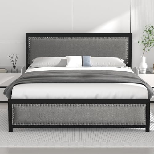 VECELO Double Bed Frame with Upholstered Linen Headboard and Footboard, Heavy-Duty Platform with Strong Metal Slats, No Box Spring Needed, Easy Assembly, Grey